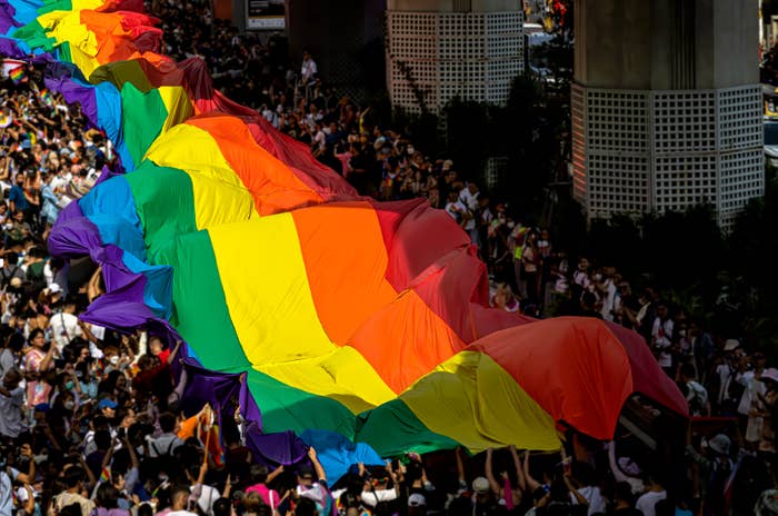 Large crowd holding a giant rainbow flag during a vibrant street parade