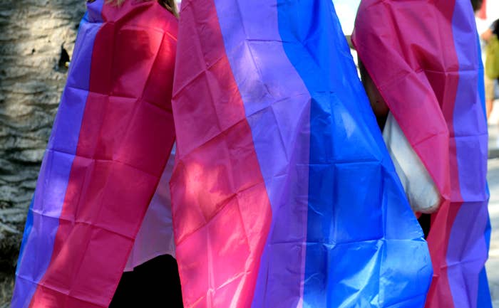 Three individuals draped in bisexual pride flags, walking away, with parts of their bodies and surroundings visible