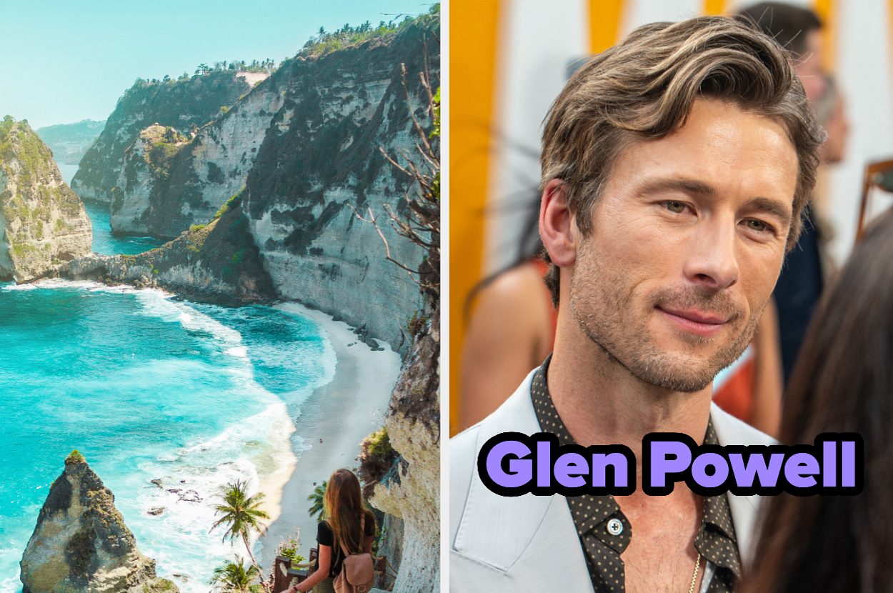 On the left, a scenic coastal view with cliffs, beach, and ocean, and on the right, Glen Powell in a collared shirt and light jacket, smiling at an event