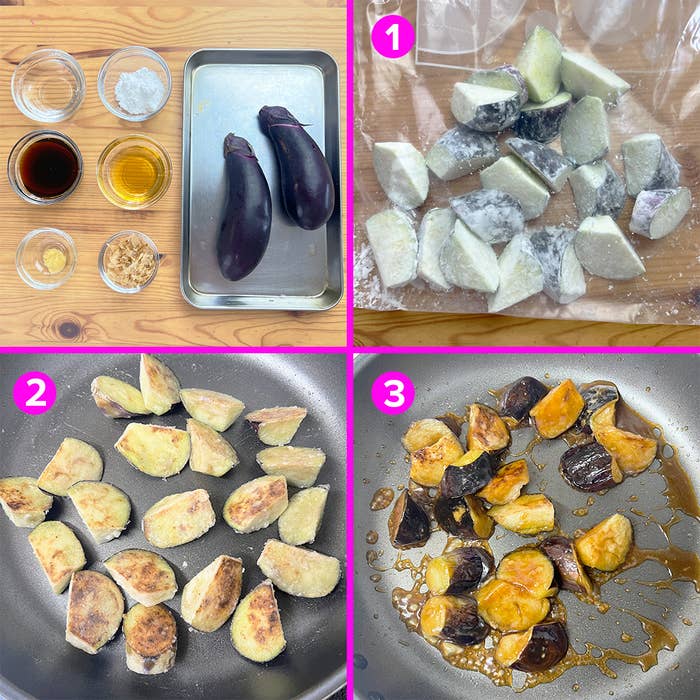 切ったナスを調理する3ステップの手順。1: ナスに粉をまぶす。2: フライパンで焼く。3: タレを絡める。
