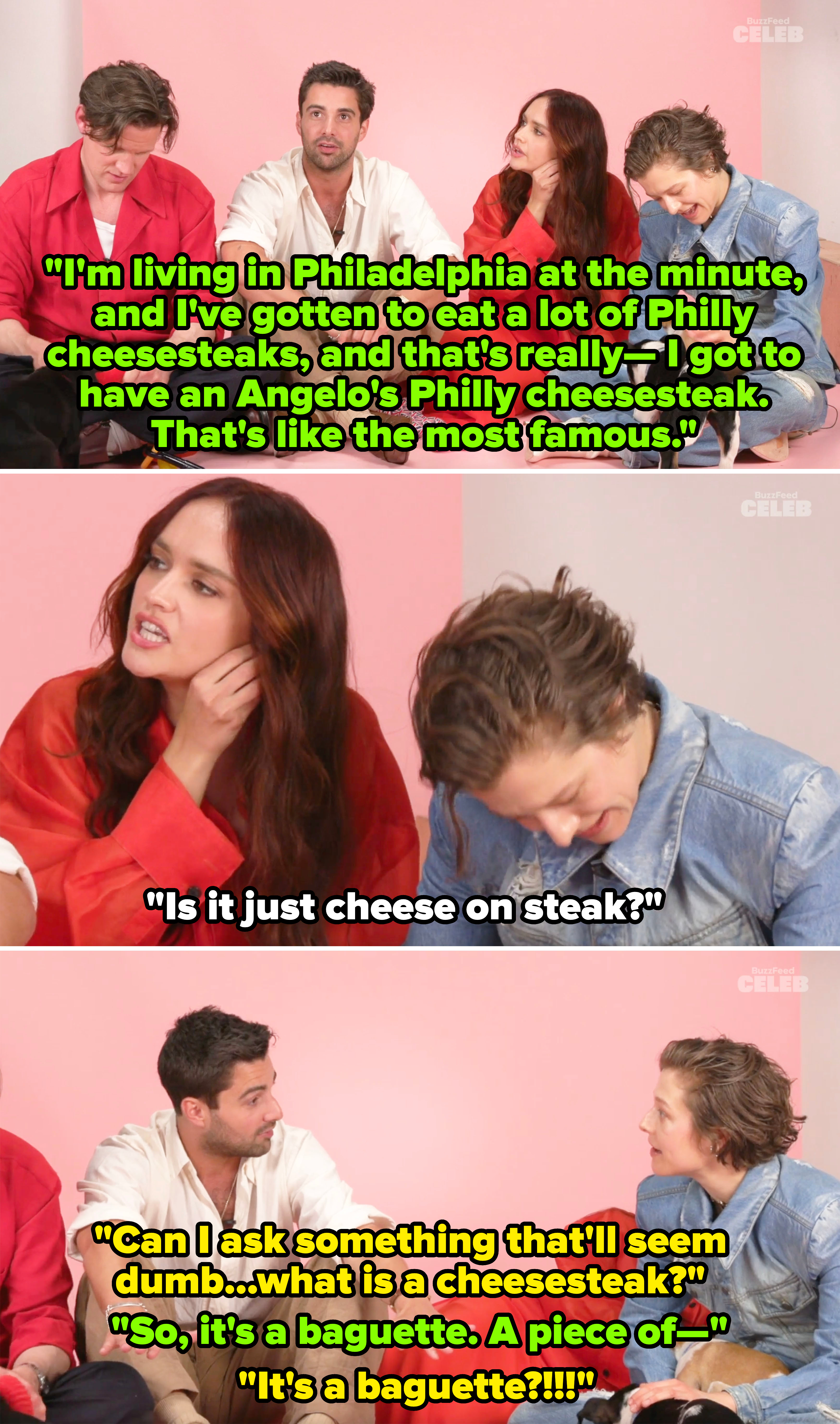 The cast of "House of the Dragon" playing with puppies while answering interview questions