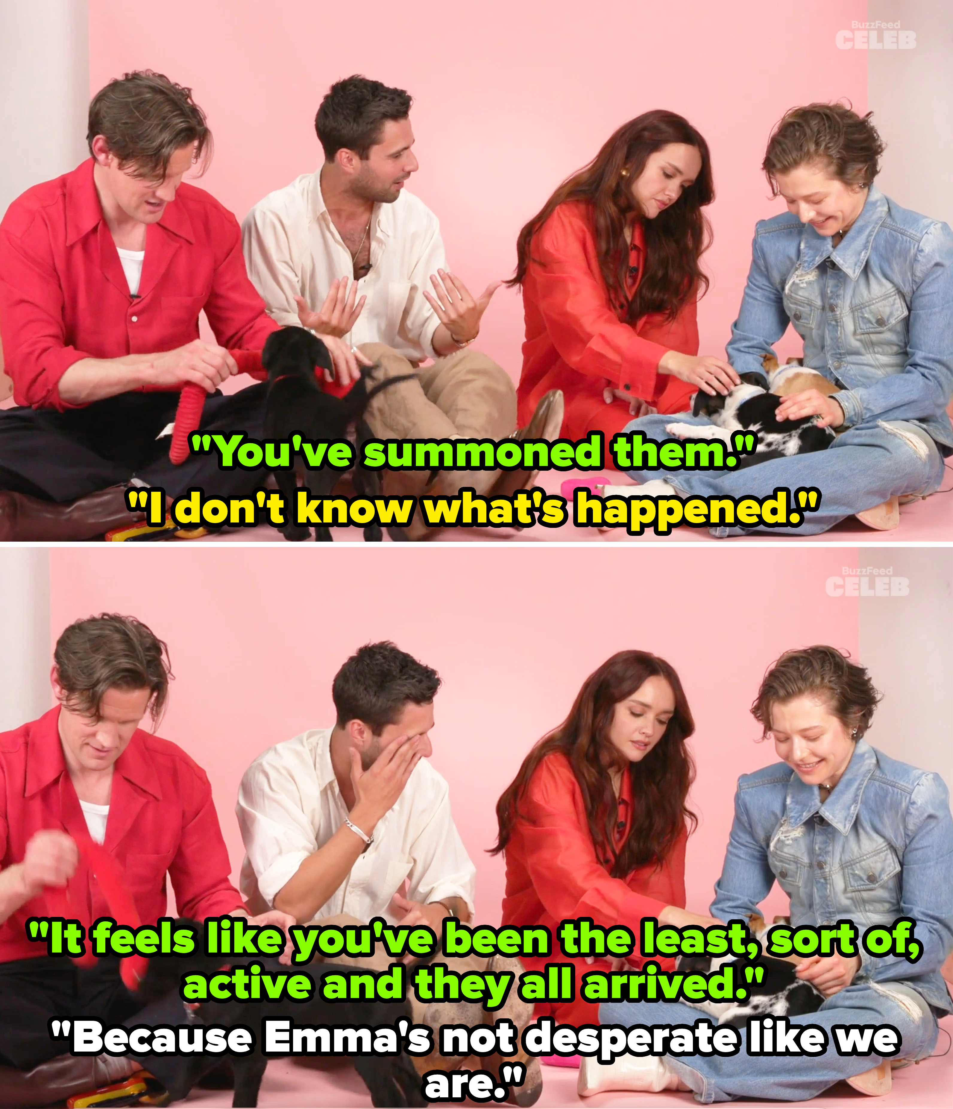 Matt Smith, Fabien Frankel, Olivia Cooke, and Emma D'Arcy playing with puppies while being interviewed