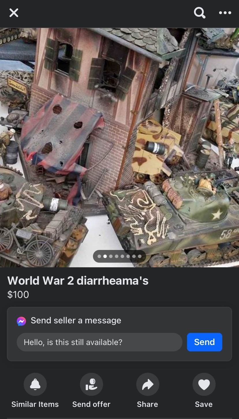 Model WWII diorama showing military vehicles and damaged buildings for sale at $100. Listing title contains a spelling error