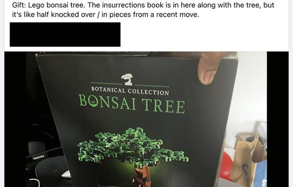 Box of a Lego Bonsai Tree set being held. Text above box reads: &quot;Gift: Lego bonsai tree. The instruction book is in here along with the tree, but it&#x27;s like half knocked over / in pieces from a recent move.&quot;