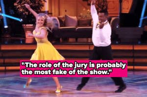 Two dancers perform on a TV show stage. A caption reads, "The role of the jury is probably the most fake of the show."