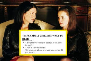 Lauren Graham and Alexis Bledel from "Gilmore Girls" are sitting on a couch, sharing a meaningful look. Lauren is in a leather jacket, and Alexis is in a corduroy jacket