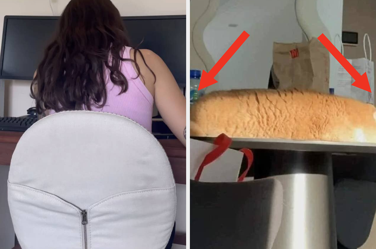 A person with long hair sits at a desk with a computer. Next to it, an animal with a muscular back is visible from behind