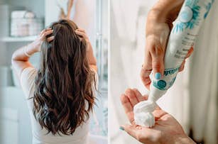 A woman with long hair massages her scalp on the left. On the right, a close-up of hands squeezing lotion into the palm