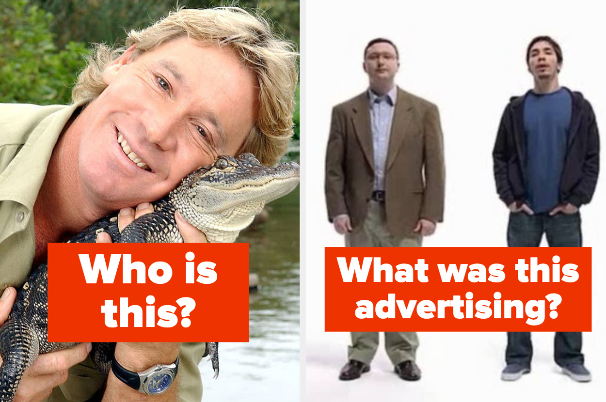 Left: Steve Irwin holds an alligator. Right: The "Get a Mac" campaign with John Hodgman as PC and Justin Long as Mac
