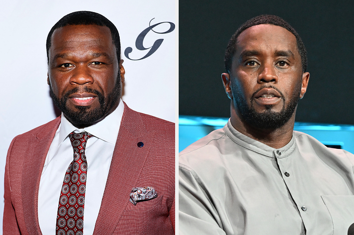 50 Cent in a suit and tie on the left, alongside Sean “Diddy” Combs in casual attire on the right, both pose for the camera