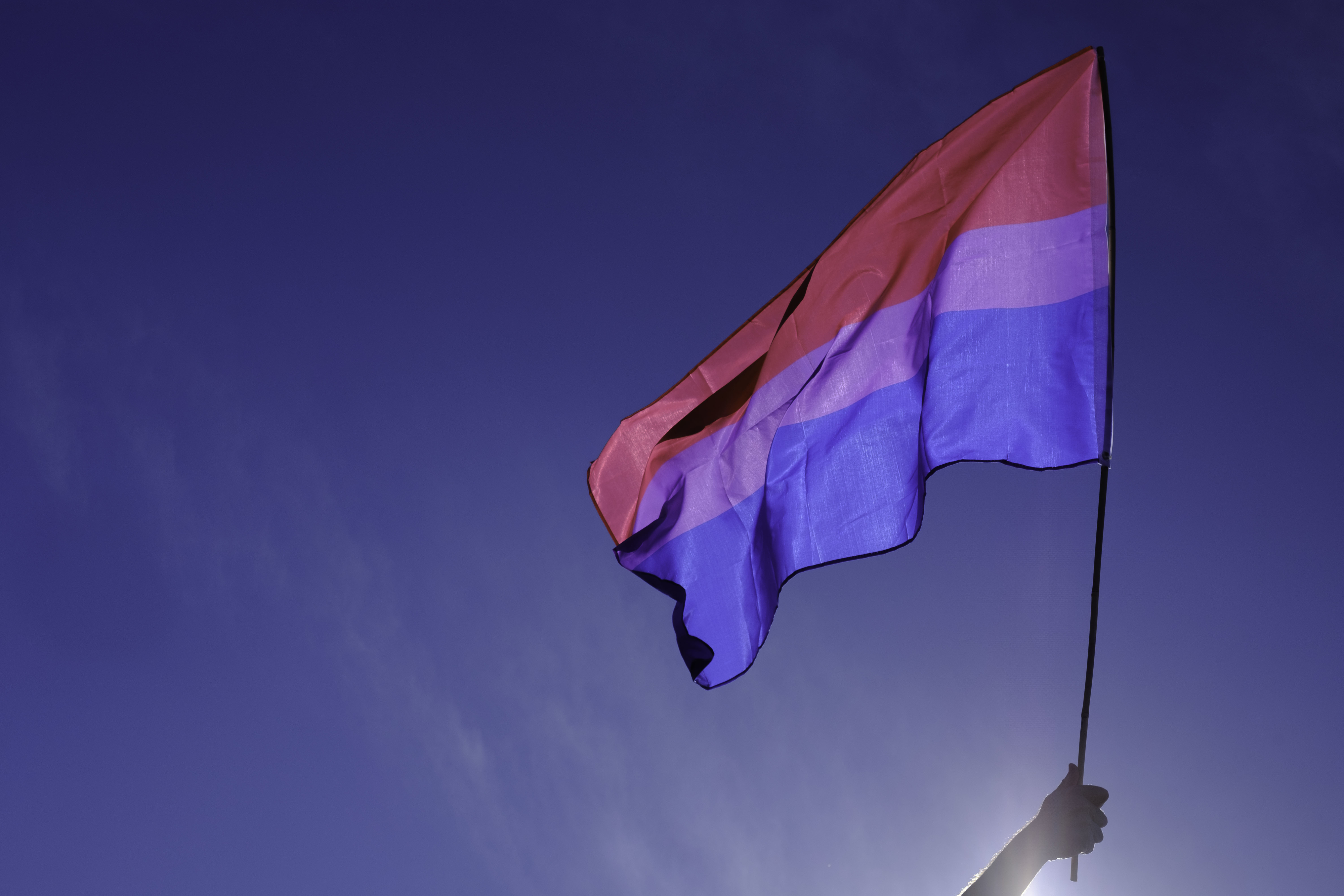 Hand holding up a waving bisexual pride flag against a clear sky. The flag has horizontal stripes in pink, purple, and blue