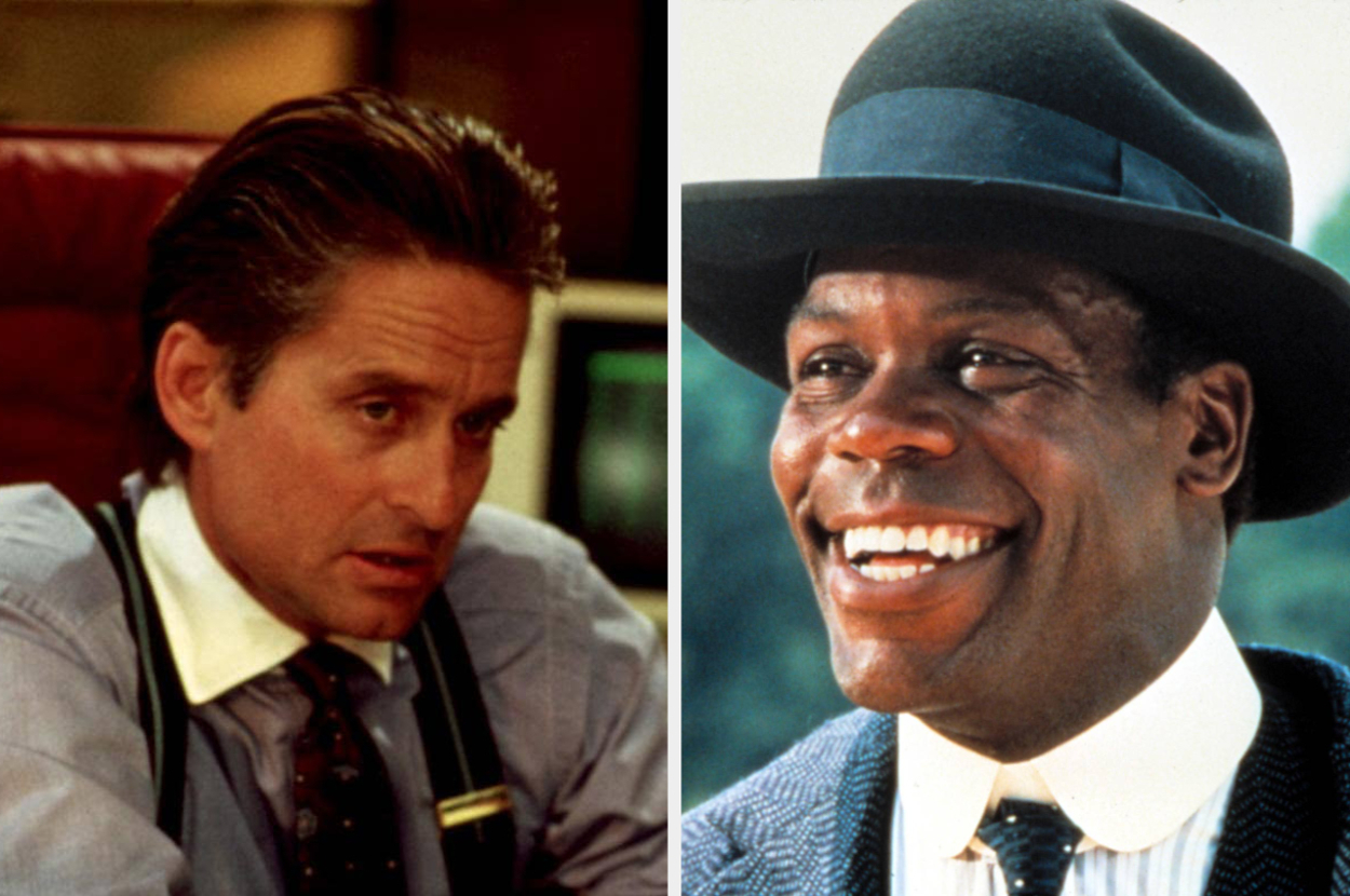 Michael Douglas in a formal suit and tie, looking serious. Danny Glover wearing a hat and patterned jacket, smiling