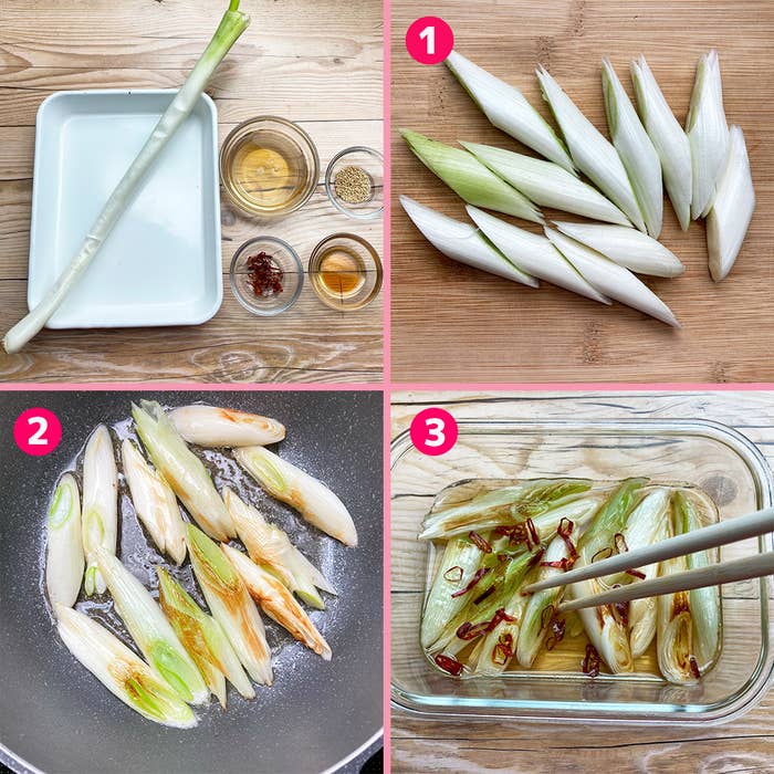 1. 長ねぎ、調味料、切った長ねぎ、炒めた長ねぎ、調味液に漬けた長ねぎの工程を示す3ステップの料理手順。