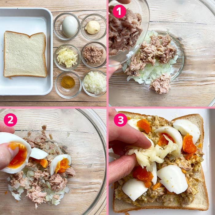 4枚の画像。1: 白いまな板の上の食材。2: ツナとたまねぎを混ぜる手。3: ゆで卵を追加する手。4: 具材をのせたパン。
