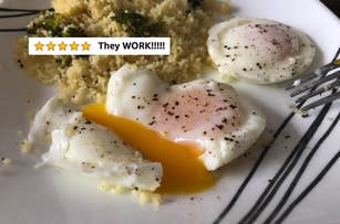 A plate of two poached eggs (one cut open with a runny yolk) and some grains, with five/five stars and the text "They work!!!!"