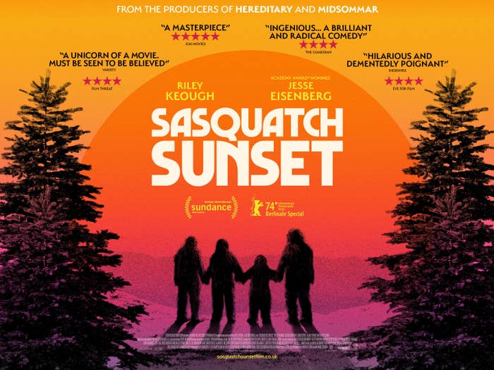 Movie poster for "Sasquatch Sunset" featuring silhouetted Sasquatch figures at dusk, stars Riley Keough and Jesse Eisenberg, and includes positive reviews