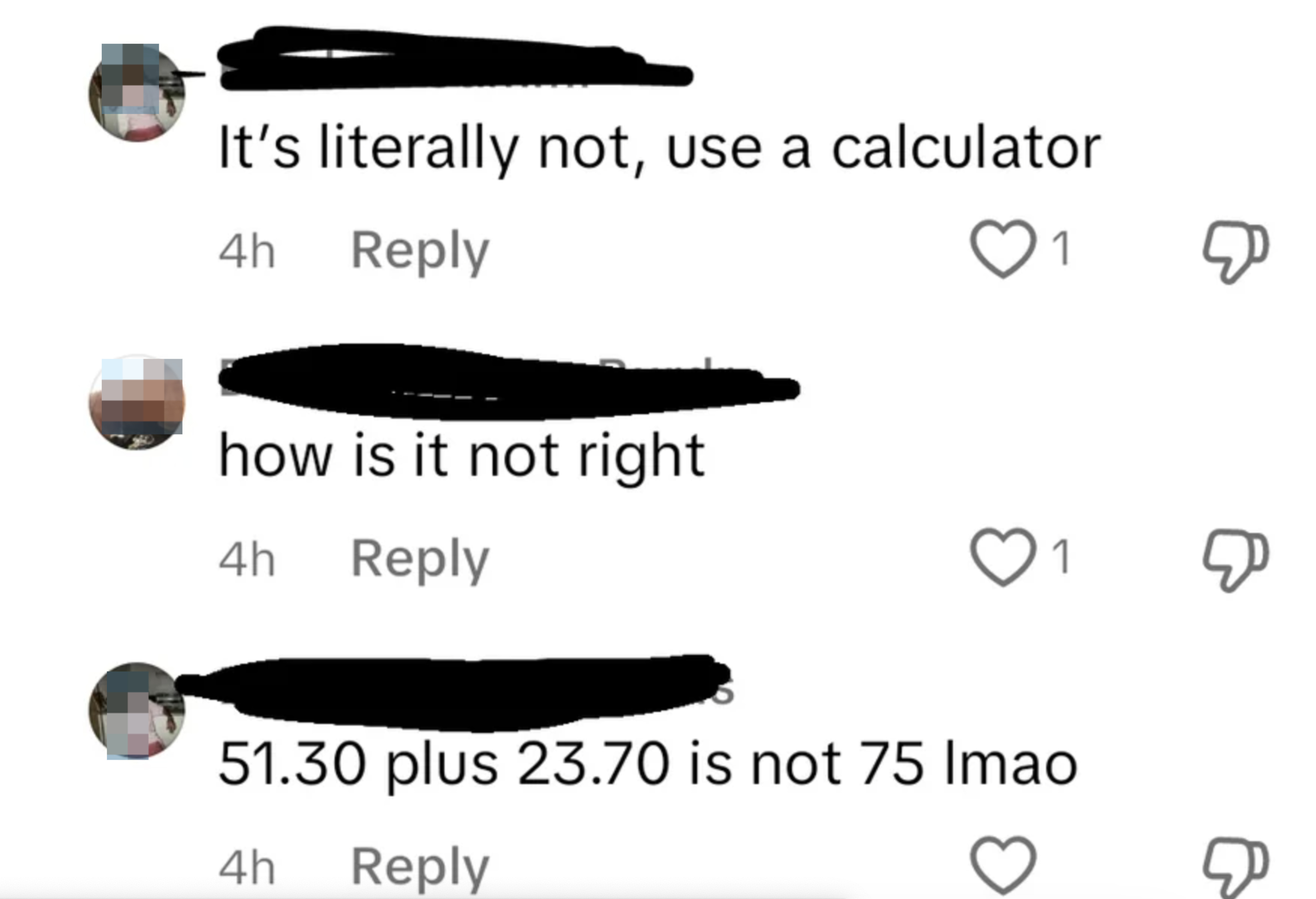 Screenshot of a social media thread where users debate a math error, including statements about using a calculator and incorrect addition