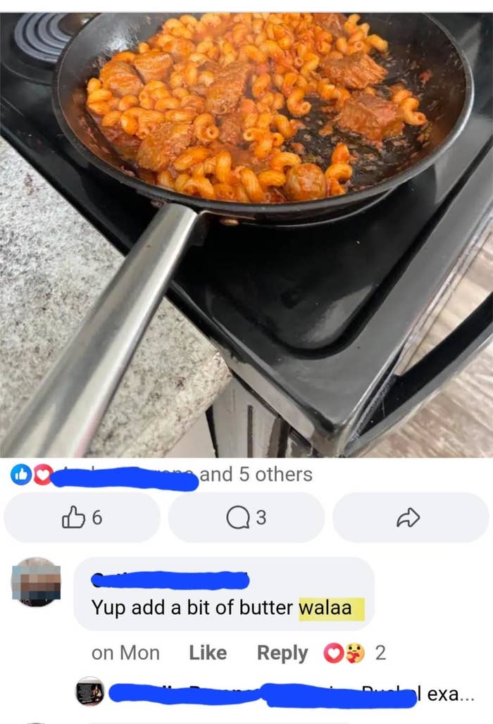 Pan of pasta with meat sauce on stove. Facebook post with 6 reactions and a comment reading, &quot;Yup add a bit of butter walaa.&quot;