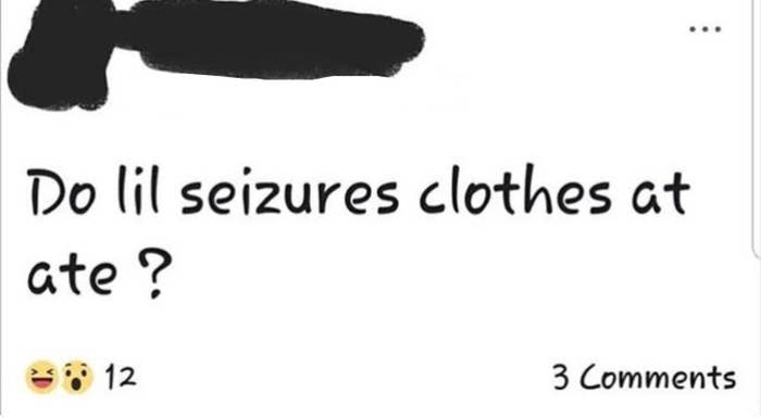 Facebook post from Aug 21 at 11:31 AM asking, &quot;Do lil seizures clothes at ate?&quot; accompanied by 12 reactions and 3 comments