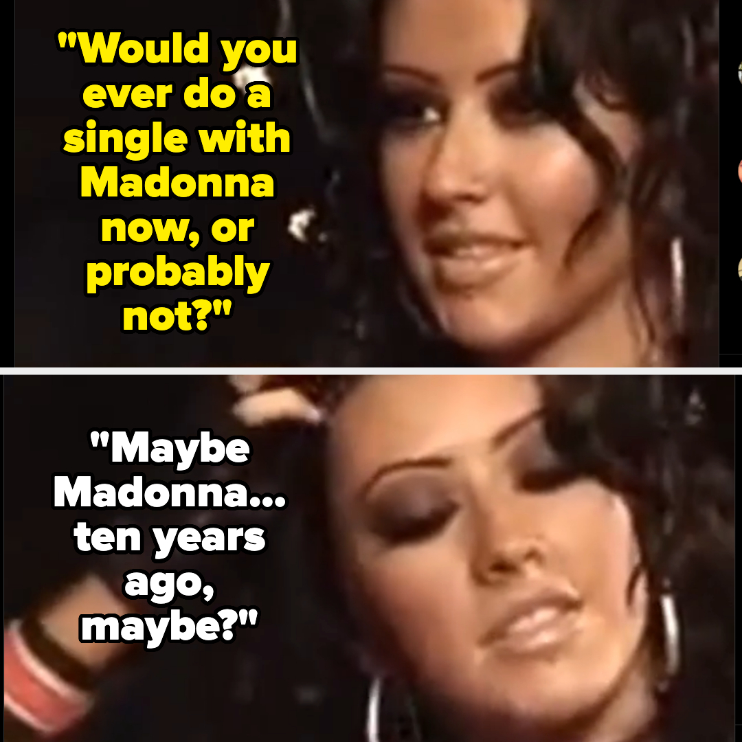 Close-up images of Christina Aguilera. Top text: "Would you ever do a single with Madonna now, or probably not?" Bottom text: "Maybe Madonna… ten years ago, maybe?"