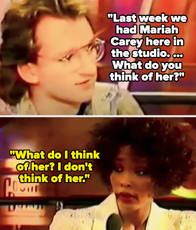 Three-panel image: An interviewer asks Whitney Houston, "What do you think of Mariah Carey?" Houston replies, "What do I think of her? I don't think of her."