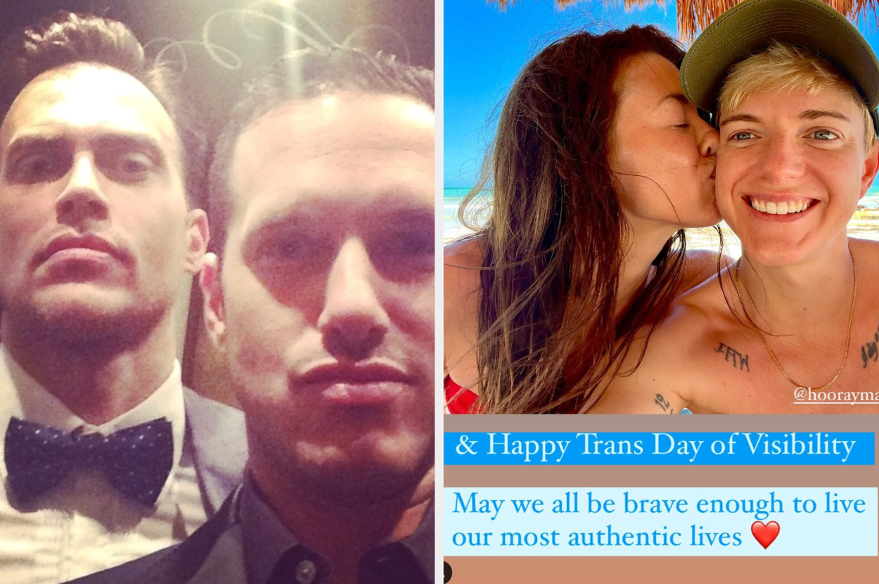 On the left, two individuals dressed formally, possibly on a night out. On the right, a selfie shows a person kissing another person’s cheek. Caption: "& Happy Trans Day of Visibility. May we all be brave enough to live our most authentic lives."