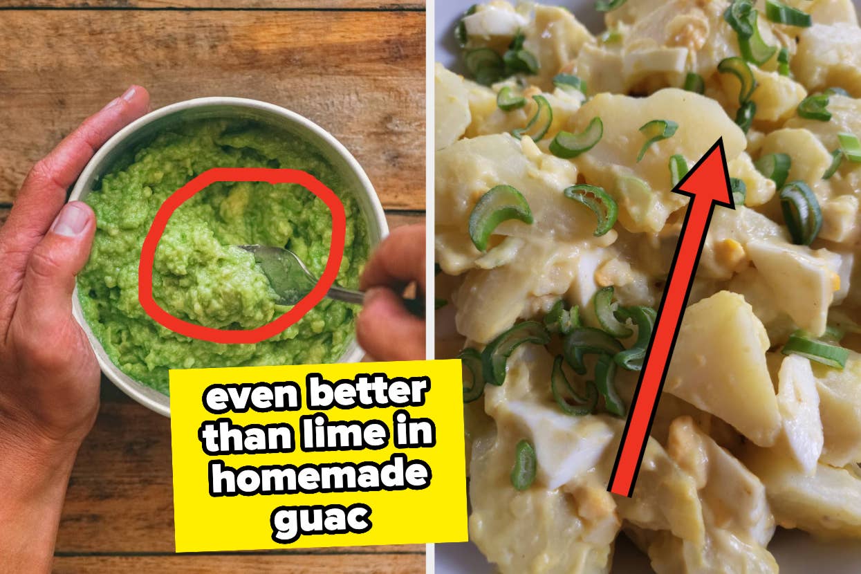 Split image: One side shows a bowl of mashed avocado, other side shows a dish of potato salad with scallions. Text reads: "Even better than lime in homemade guac."