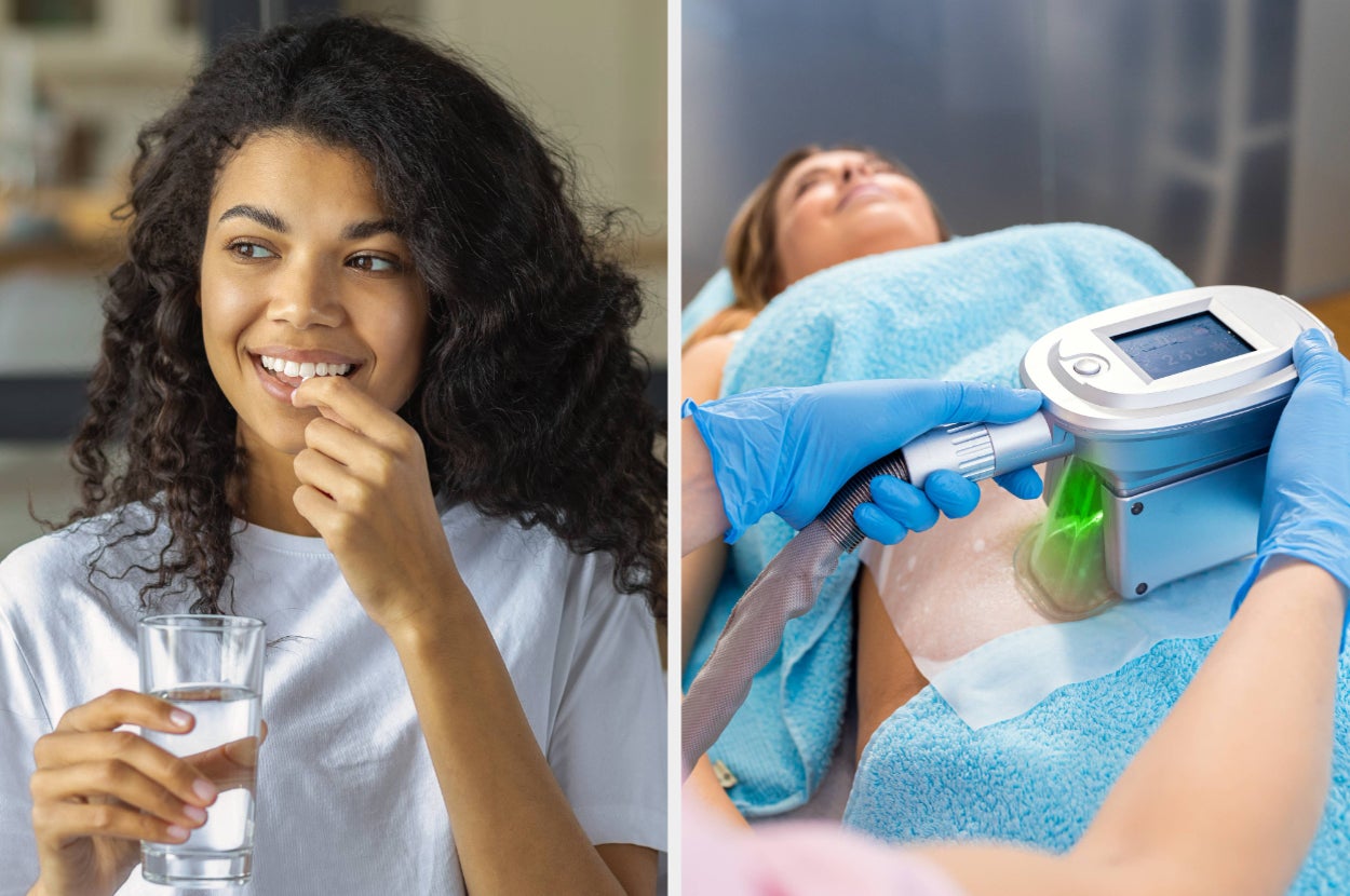 Two images: Left shows a smiling woman holding a glass of water. Right shows a person receiving a body contouring treatment with a handheld device
