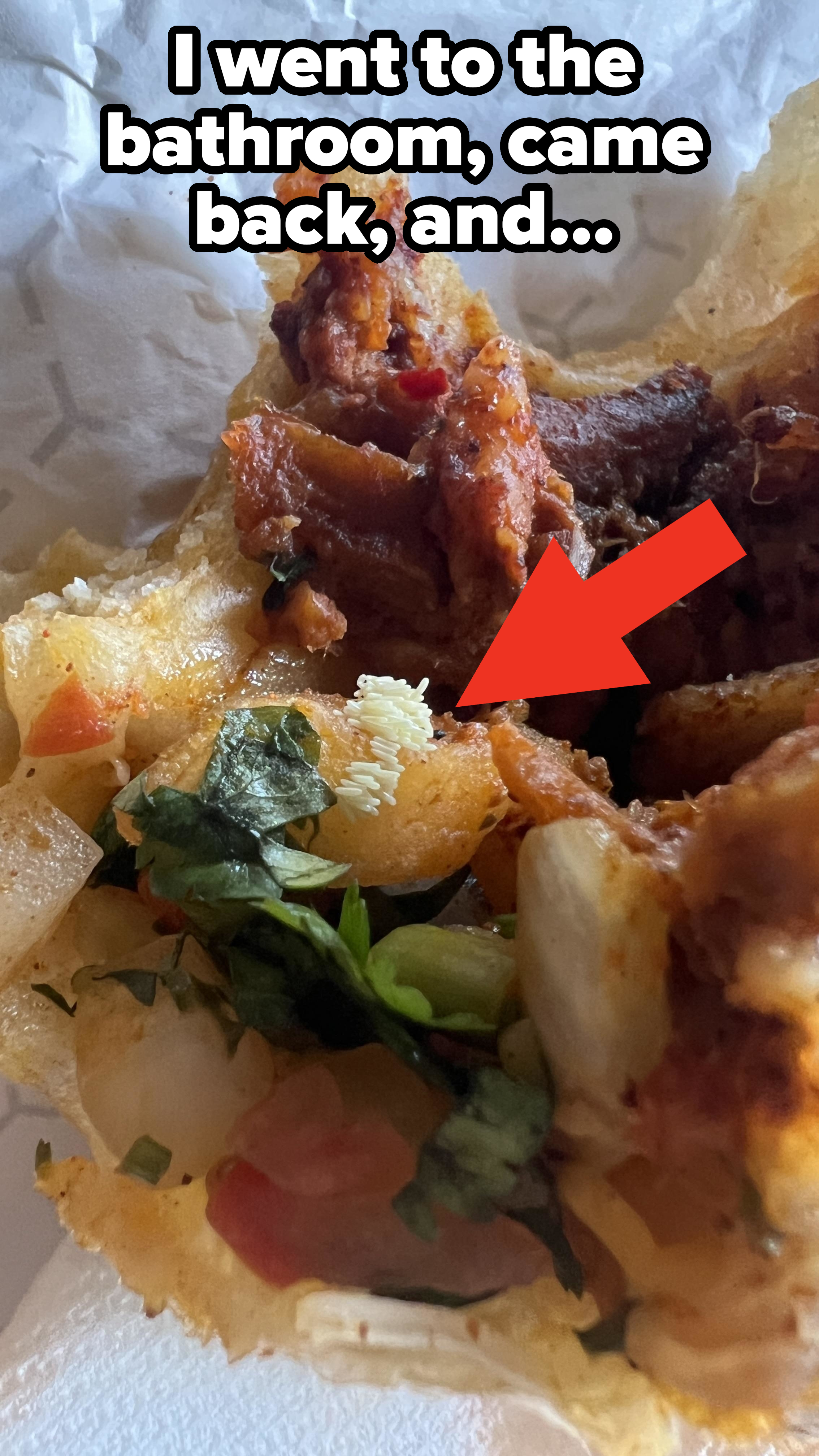 Close-up view of a partially unwrapped, richly garnished burrito with meat, herbs, and vegetables