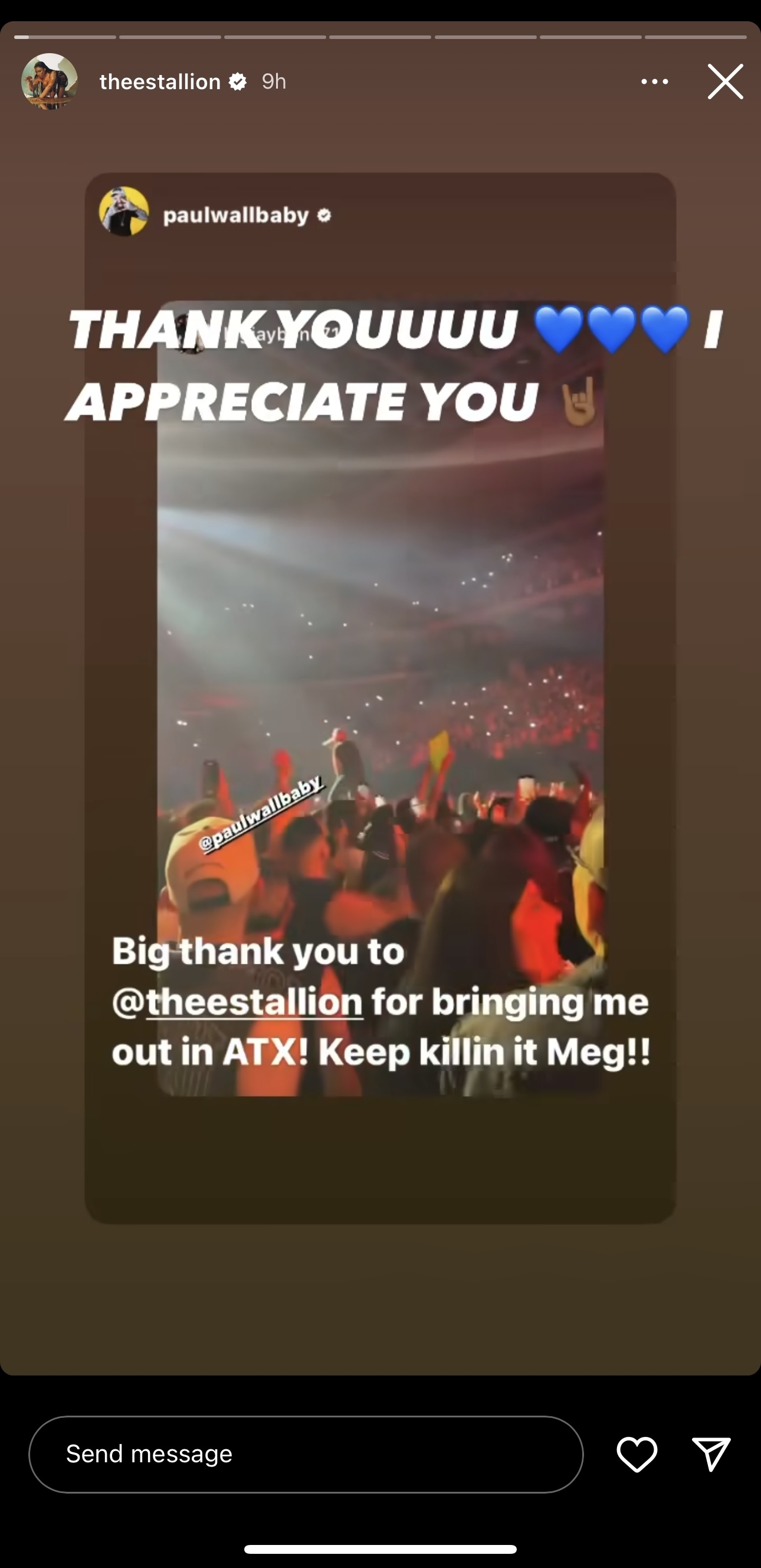 Instagram story by @theestallion reposting @paulwallbaby thanking Meg for bringing him out in ATX; text reads &quot;THANK YOUUUU I APPRECIATE YOU&quot;