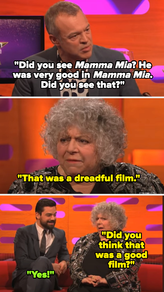Three-panel comic with Graham Norton, Miriam Margolyes, Dominic Cooper, and Graham Norton. Miriam criticizes the movie "Mamma Mia!" while Dominic defends it