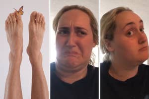 Three-part image: first shows two feet with a butterfly on one toe; second and third show a woman making humorous faces