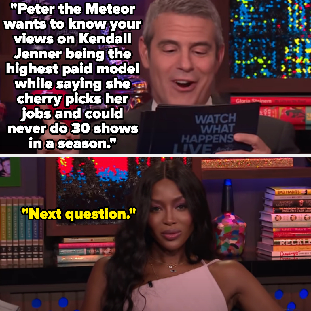 Andy Cohen reads a question on "Watch What Happens Live" about Kendall Jenner to Naomi Campbell, who responds with "Next question."
