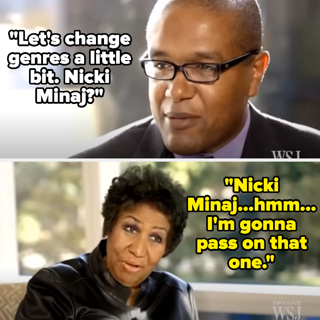 A man suggests changing genres to Nicki Minaj. Aretha Franklin responds, "Nicki Minaj…hmm…I'm gonna pass on that one."