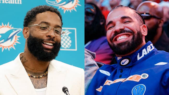 Odell Beckham Jr. at a press event and Drake smiling in sports apparel