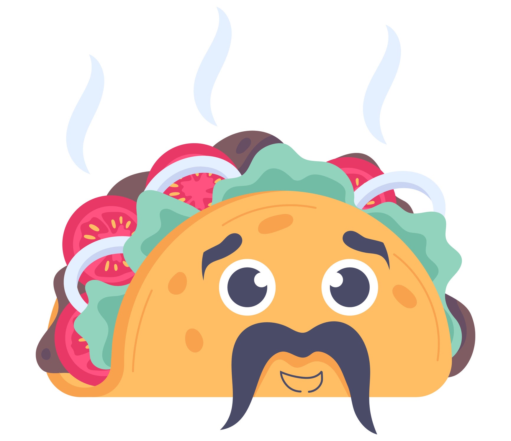 Cartoon taco with a mustache, wide eyes, and a slight smile. The taco is filled with lettuce, tomatoes, and onions, with steam rising from it
