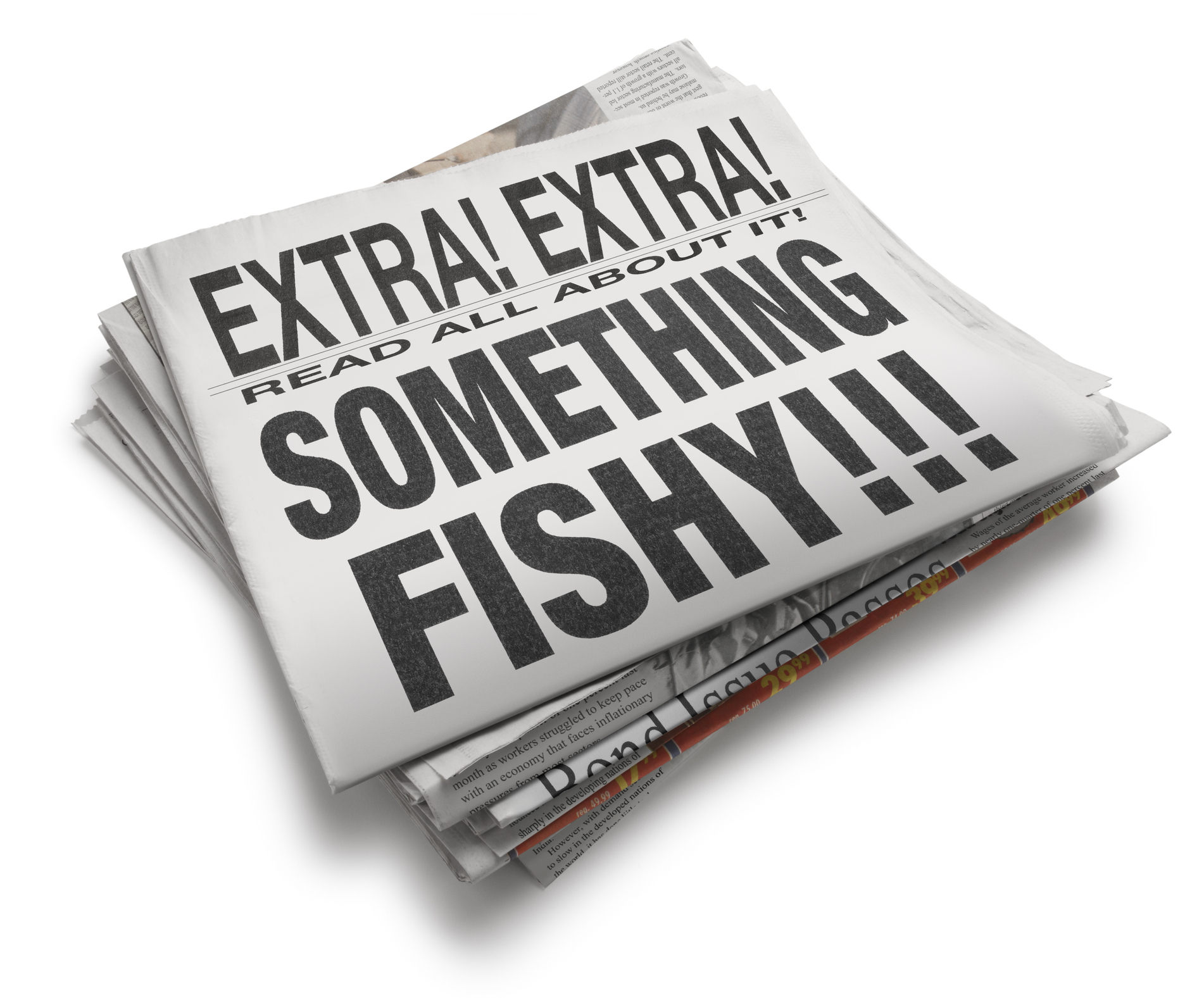 An illustrated stack of newspapers with the top headline reading &quot;EXTRA! EXTRA! READ ALL ABOUT IT! SOMETHING FISHY!!!&quot;