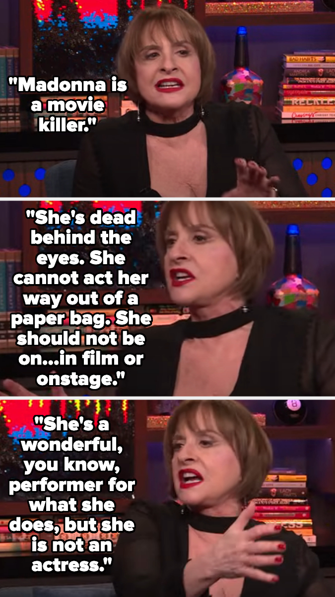 Patti LuPone is shown in three panels criticizing Madonna's acting, calling her a "movie killer," "dead behind the eyes," and not an actress but a performer