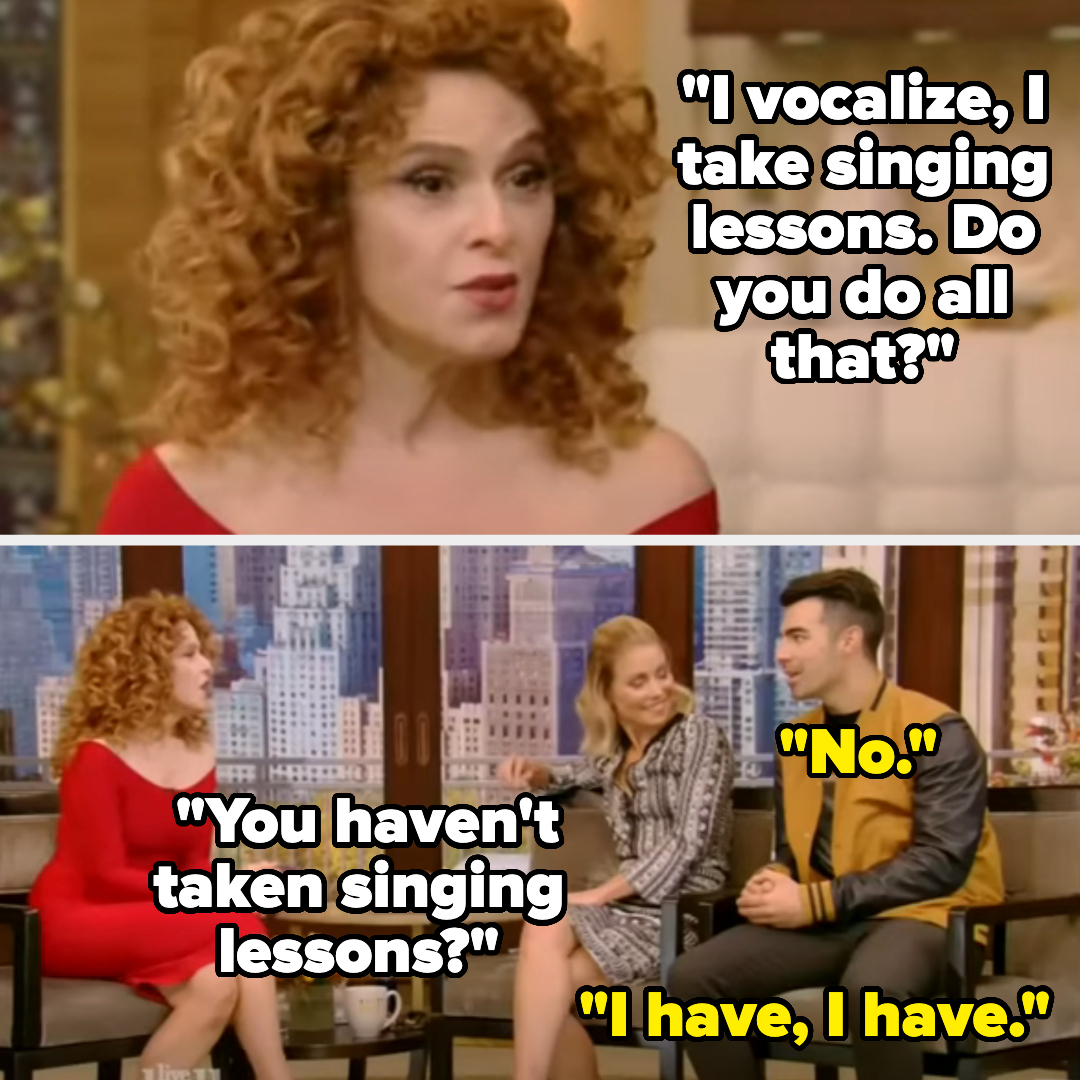 Top image: Bernadette Peters with caption, “I vocalize, I take singing lessons. Do you do all that?”
Bottom image: Bernadette Peters, Kelly Ripa, and Joe Jonas with captions, “You haven't taken singing lessons?”, "No", "I have, I have."