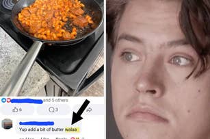 A pan cooking pasta next to an image of Cole Sprouse, looking to the side. Below is a Facebook comment reading, "Yup add a bit of butter walaa."