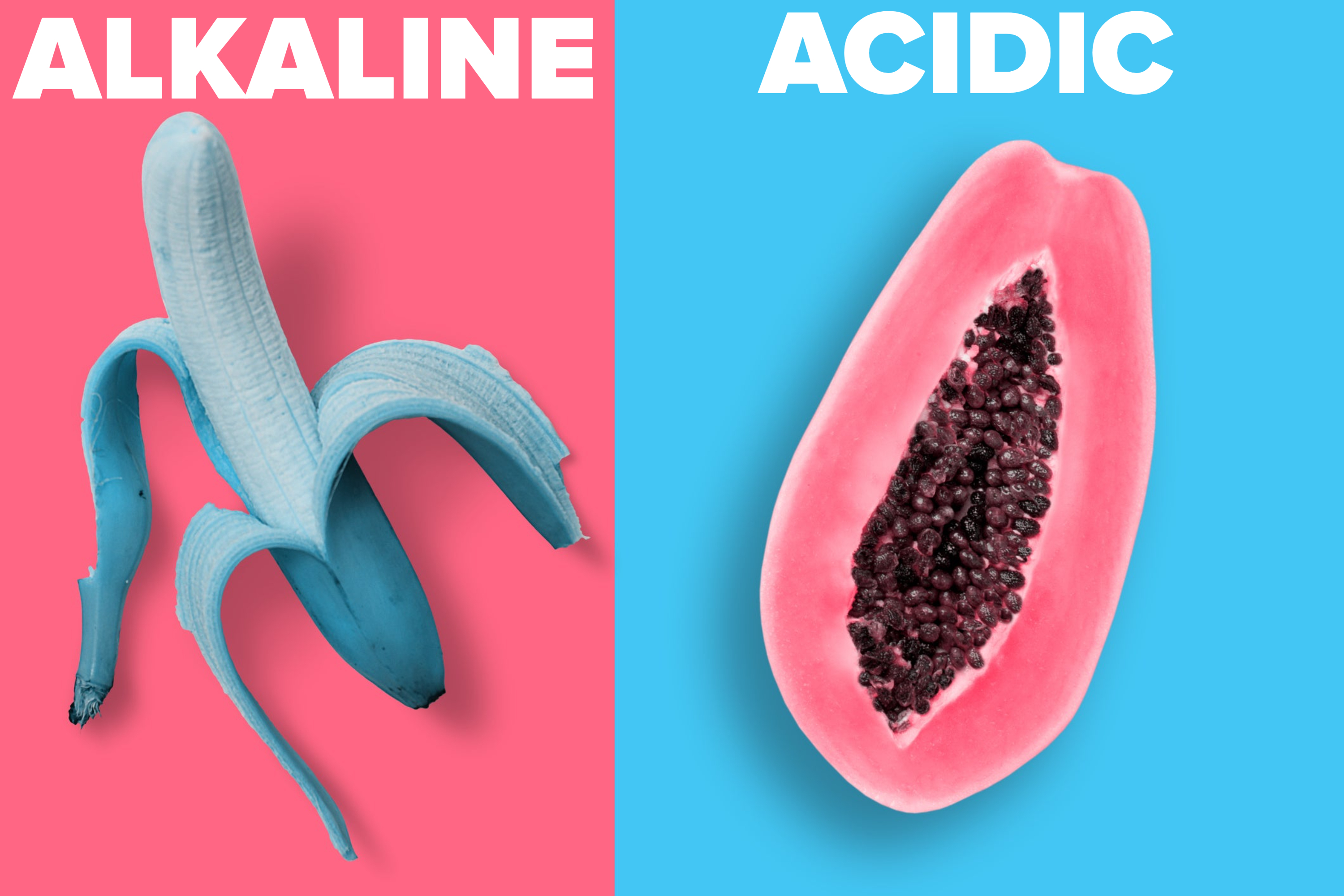 A partially peeled blue banana is on the left and a halved pink papaya with black seeds is on the right, against a split pink and blue background