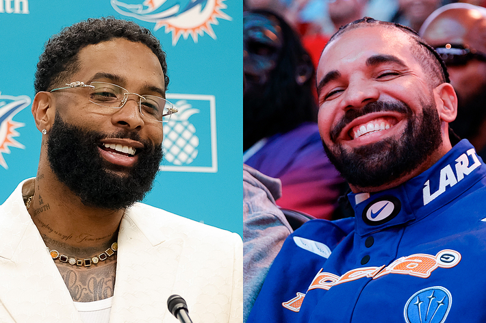 Odell Beckham Jr. at a press event and Drake smiling in sports apparel