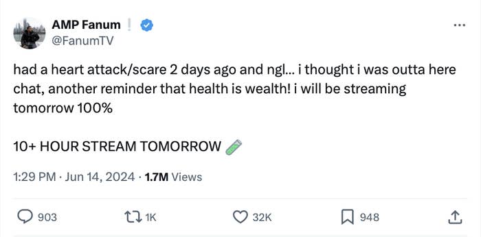 Tweet by AMP Fanum states he had a health scare 2 days ago but will stream for over 10 hours tomorrow. The tweet received high engagement including 32K likes