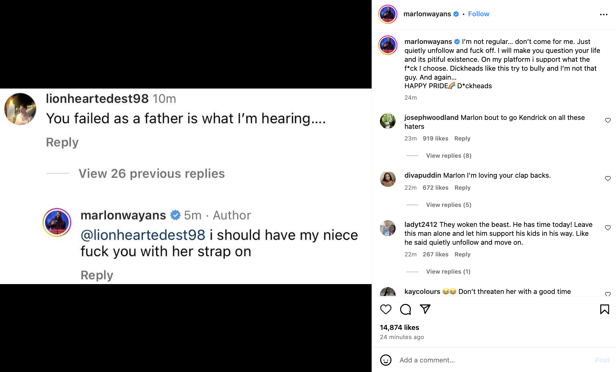 Marlon Wayans responds to an Instagram comment from user lionheartedest98 regarding his fatherhood. The exchange is heated and controversial