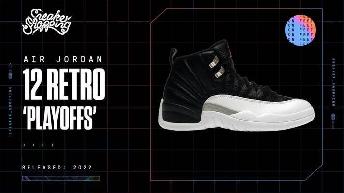 Air Jordan 12 Retro &#x27;Playoffs&#x27; sneaker, released in 2022, featured in a Sneaker Shopping advertisement