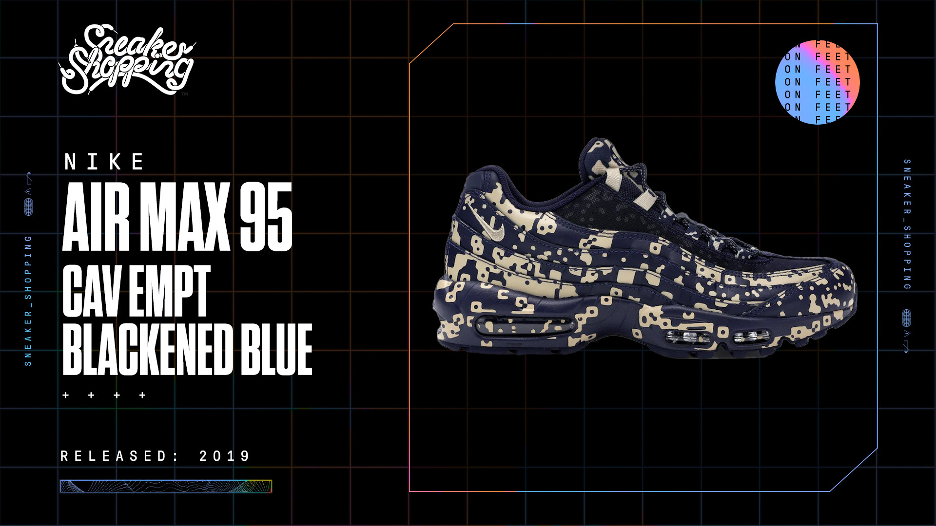 Nike Air Max 95 Cav Empt Blackened Blue sneakers with graffiti-style pattern. Released: 2019