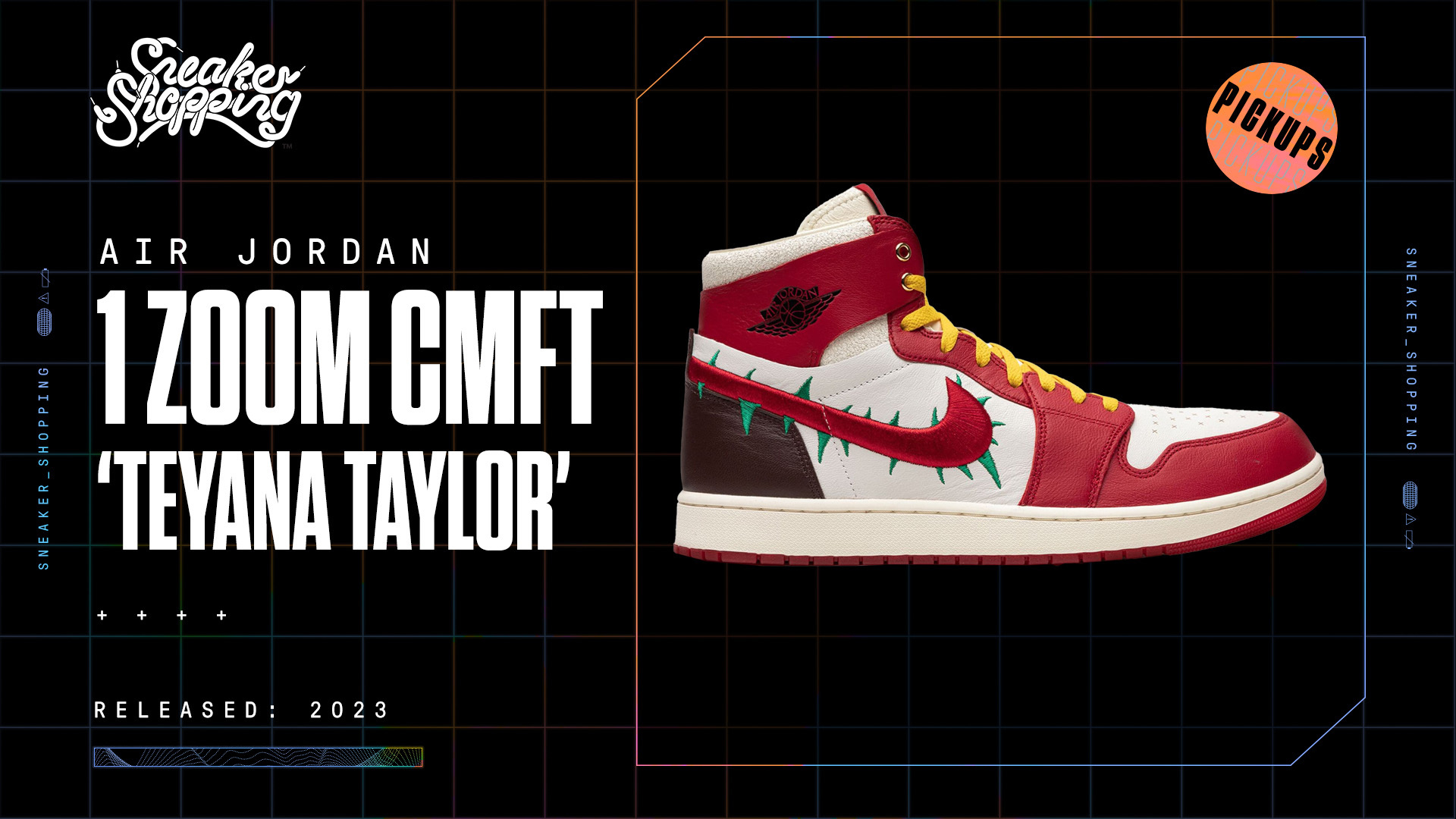 Air Jordan 1 Zoom CMFT &#x27;Teyana Taylor&#x27; sneaker with a red, white, and yellow design, released in 2023. Image from Sneaker Shopping&#x27;s Pickups