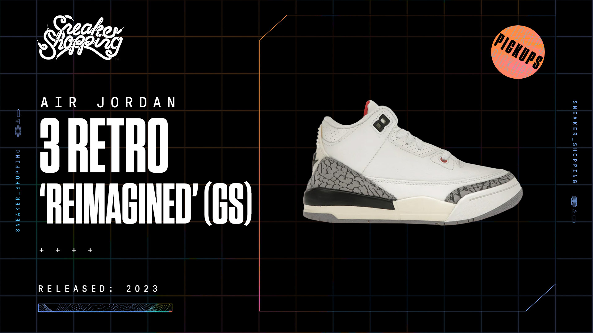 Air Jordan 3 Retro &#x27;Reimagined&#x27; (GS) sneaker ad. White and black sneaker with elephant print details, released 2023