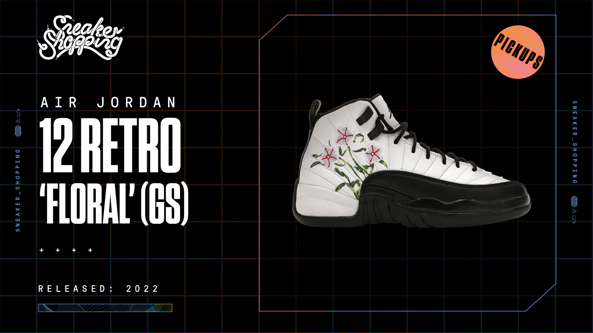 Image of a white Nike Air Jordan 12 Retro &#x27;Floral&#x27; (GS) sneaker with floral embroidery on the sides. Released in 2022. Black grid background with &quot;Sneaker Shopping&quot; logo
