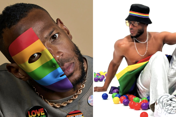 Marlon Wayans with a rainbow mask and "Love" pin, and Masego shirtless, wearing a rainbow hat and white pants, surrounded by colorful balls